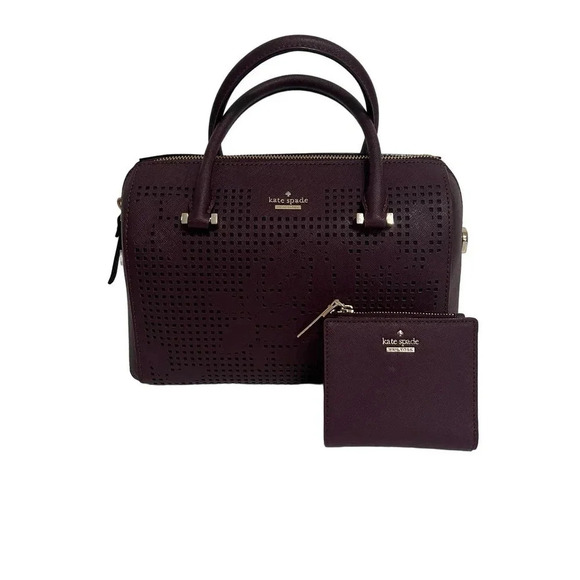 Kate Spade Perforated Cameron Street Burgandy Barrel Pocketbook & Billfold - Picture 2 of 16